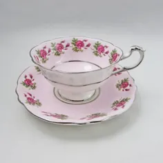 ست فنجانی و نعلبکی چای پاراگون صورتی با گلهای نخود شیرین |  اتسی