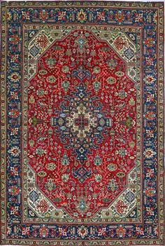 فرش ArmanRugs 6 '8 "x 9" 10 "Red-Navy Blue Tabriz فرش دستباف اصل ایرانی