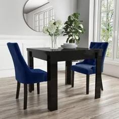 میز رومیزی ویویون مشکی با براقیت بالا با 2 صندلی ناهار خوری مخملی آبی |  مبلمان 123