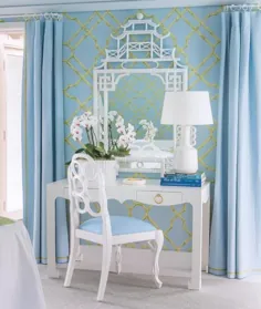 اتاق خواب Chinoiserie آبی با آینه پاگودا بامبو سفید - کلبه - اتاق خواب