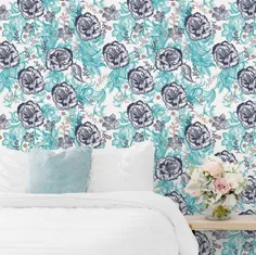 پوستر گل سیاه ، کاغذ دیواری برگ آبی ، پوستر اتاق خواب ، چاپهای انتزاعی دیواری ، دیواری گلدار آبی