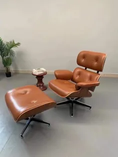 کپی صندلی استراحت Eames + قاب گردویی چرمی - قهوهای مایل به زرد