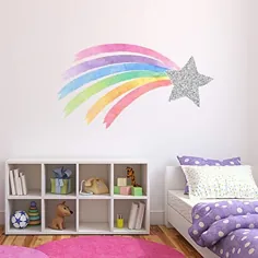 عکاسی Star Rainbow Wall Decal Pastel Watercolor Unicorn Nursery Girls Bedroom Decor اتاق خواب نقره ای ستاره و رنگین کمان ND04 (50 "W x 27" H اینچ)