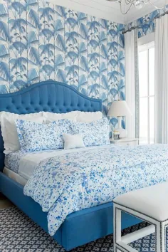 اتاق خواب آبی با کاغذ دیواری جنگل نخل - کلبه - اتاق خواب - تزئینات بنجامین مور سفید