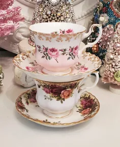 رویال آلبرت گلدان گل رز و فنجان چای و بشقاب نعلبکی |  اتسی