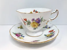لیوان چای هامرسلی و لیوان انگلیسی بشقاب پرز Vintage Floral |  اتسی