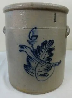 Antique 6 Gallon Stoneware Crock نادر کبالت کوربال در تزئین برگ غربی پا.