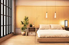 اتاق خواب لوکس مدرن به سبک ژاپنی مسخره می کنند ، طراحی زیباترین.  رندر سه بعدی