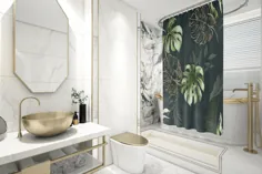 پرده دوش برگهای گرمسیری سبز و طلایی |  حصیر حمام |  سرویس حمام لوکس و زیبا |  دکوراسیون حمام گل مدرن