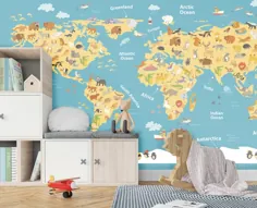 کاغذ دیواری نقشه جهان برای اتاق کودک لایه بردار کاغذ دیواری کودک و |  اتسی