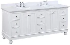 غرور حمام دو نفره بلا 72 اینچ (کوارتز / سفید): شامل کابینت سفید با میز خیره کننده کوارتز و ظرفشویی های سرامیکی سفید