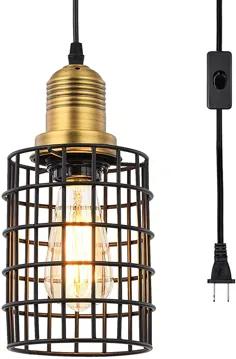 روشنایی آویز قفس فلزی Topotdor با دوشاخه سیم ، چراغ سقف آویز صنعتی Vintage پلاگین E26 Edison در سوئیچ روشن / خاموش چراغ روشن (طلای مات)