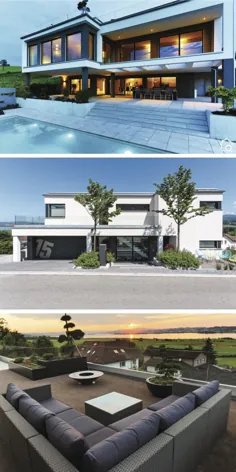 Luxuriöses Einfamilienhaus modern mit Flachdach، Garage & Pool bauen، Haus Design Ideen innen aussen