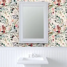 کاغذ دیواری رمانتیک گل - Fable Floral (رژگونه) توسط nouveau_bohemian - Woven Look Watercolor Blooms Wallpaper Double Roll by Spoonflower