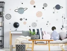سیارات برچسب پاستل Wall Decal Nursery، ستاره های برچسب دیواری، دکوراسیون اتاق کودک، برچسب برنامه ریز