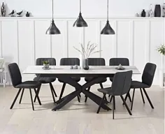 میز ناهار خوری با سرامیک سفید بوستون 180 سانتی متری با صندلی های چرمی مصنوعی دکستر