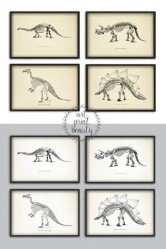 مجموعه چاپ 4 دایناسور ، اسکلت دایناسور ، تصویر صفحه پلاستیکی ، تزئین دایناسور ، دیرین شناسی ، اتاق خواب پسران ، دانشجوی زمین شناسی