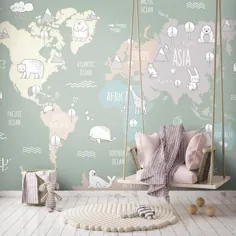 تصویر زمینه نقشه مهد کودک ، اتاق کودک و نوجوان ، نقشه جهانی دیوار ، حیوانات برش رنگارنگ نقشه جهانی دیوار دیوار ، پی