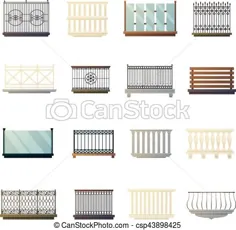نرده های بالکن مجموعه ای از آیکون های تخت را طراحی می کنند.  شیشه های فولادی و نرده چوبی بیکن چوبی دکوراسیون منازل ایده های طراحی مسطح