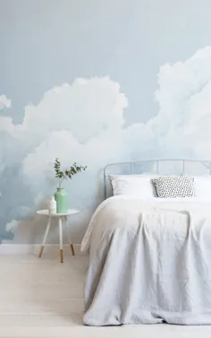 نقاشی دیواری تصویر زمینه آبرنگ آبی آسمانی ابری روشن