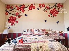 گل های قرمز گلدوزی دیوار کودکستان ، نقاشی دیواری دیواری شکوفه گیلاس ، دیوار هنر پروانه ، دیوار برگ نام ، اتاق بازی ، دفتر - z706 by cuma