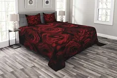روتختی قرمز تیره Ambesonne ، تصویری از گلهای رز قرمز با قطرات آب دسته گل و عشق ، ست روتختی 3 تکه لحافی تزئینی با 2 شمش بالش ، اندازه ملکه ، سیاه قرمز