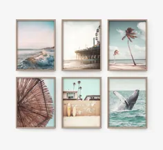 California Surf Art ، Beach Wall Art ، مجموعه ای از 6 چاپ مهد کودک ساحلی ، چاپ تابستانی پاستل کالیفرنیا ، دکوراسیون گرمسیری