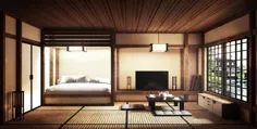Mock Up - فضای داخلی چند اتاق به سبک ژاپنی.  رندر سه بعدی