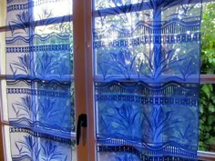 پرده های آبی جفت پرده پنجره فرانسوی توری گل گل |  اتسی