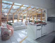 سقف شیشه ای خمیده خورشید یا آفتابگردان با فضای داخلی چوب