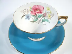 فنجان و نعلبکی چای Aynsley ، ست فنجان چای Aynsley Blue Turquoise ، فنجان چای گل و نعلبکی.