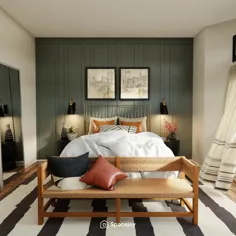 یک ایده طراحی اتاق خواب بوهمی آفتابی و گرم با دیوار لهجه.