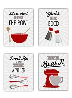چاپ های هنری دیواری آشپزخانه Red Retro Vintage - مجموعه ای از چاپهای ظروف آشپزخانه خاکستری ، قرمز و سفید بدون علامت 4-8x10 مناسب برای روستایی ، خانه مدرن ، دکوراسیون کشور.