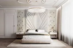 دکوراسیون اتاق خواب سفید و سفید لوکس و تختخواب سفارشی با کانال فوق العاده بلند