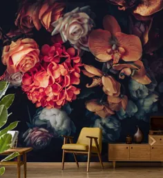 Wunderschöne Blumen Tapete ، Peel and Stick ، ​​Vintage Floral Tapete Wandbild ، dunkle florale Wanddekoration ، selbstklebende abnehmbare Tapete