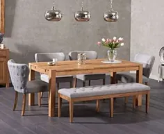 میز ناهار خوری بلوط جامد 180 سانتیمتری و صندلی های پارچه ایزوبل و نیمکت پارچه ای خاکستری کامیل ورونا