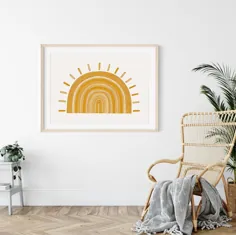 Sun Art Print |  پوستر مهد کودک مدرن |  زرد آفتابی |  دیوار هنر مهد کودک روشن |  Boho Wall deco |  جزئیات خط هنر |  خردل زرد
