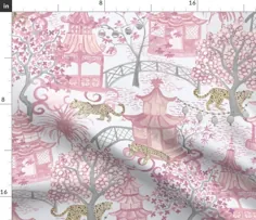 پارچه های رنگارنگ که توسط Spoonflower - Leopards in the Pagoda Forest Blush Pinks چاپ دیجیتالی شده است