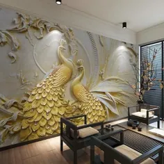 تصاویر پس زمینه نقاشی دیواری 3D طاووس طلایی تصویر زمینه
