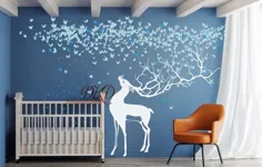 شیرخوارگاه وال دکل ، تابلوچسبهای دیواری متحرک کودکانه ، دکوراسیون منزل ، شاخه درخت گیلاس با گوزن ، گل صورتی ، پروانه ، Moose-DK303