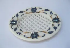 جعبه صابون مرمر 5 اینچ 4 اینچ داروی توزیع کننده صابون Pietra Dura Art Lapis Lazuli Gemstones Inlay Wor