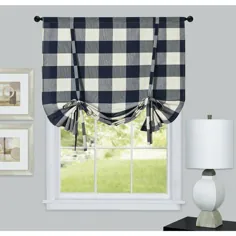 Kate Aurora Country Farmhouse Buffalo Plaid Gingham Tie Up Window Perde Shades - 42 in W W 63 in. L، Navy Blue