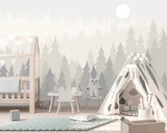 کاغذ دیواری جنگل درخت کاج برای اتاق نوزاد پسر ، کاغذ دیواری وودلند قابل جدا شدن برای کودکان ، مهد شکار دسامبر