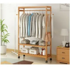 3 ردیف لباس رک قفسه های چوبی پوشاک قفسه های چرخ دار قلاب های جانبی 7427059594053 |  eBay
