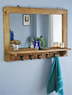 آینه بزرگ با قفسه و 5 قلاب آهنی چوب واقعی پایدار |  اتسی