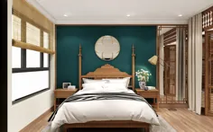 فضای داخلی به سبک آسیایی که با لهجه های سبز عمیق و گل مایل به سبز ترکیب شده است