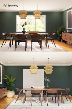 ایده طراحی اتاق ناهار خوری مدرن در اواسط قرن با دیوارهای سبز جنگل ، گیاهان و آثار هنری بیانیه ای