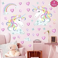 Rainbow Unicorn Decals Wall Decals هدایای تزئینی کودکان و نوجوانان با قلب دشنه های اتاق دخترانه مهد کودک اتاق خواب وینیل پولکا (2PCS)
