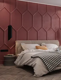 جزئیات طراحی - از قالب ها و رنگ قرمز مات برای ایجاد یک دیوار برجسته برجسته در این اتاق خواب استفاده شده است