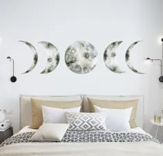 اتاق خواب عکس برگردان فاز ماه آبرنگ / برچسب دیوار ماه کامل / آبرنگ ماه سیاه و سفید Wa